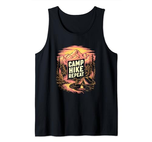 Hike Camp Repeat Funny Retro Camping Senderismo Campamento Tienda Camiseta sin Mangas