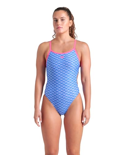 ARENA Performance Women's Monogram Challenge Back Athletic One Piece Swimsuit for Beach or Pool Bathing Suit Swimwear, Blue River Multi/Shocking Pink, Size 38