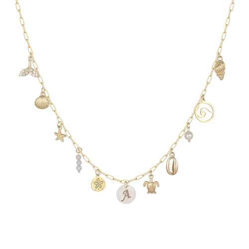 Gold Initial Charm Necklace for Women Dainty Boho Shell Starfish Necklace Personalized Letter A-Z Pendant Necklaces Summer Beach Surfer Jewelry Gifts