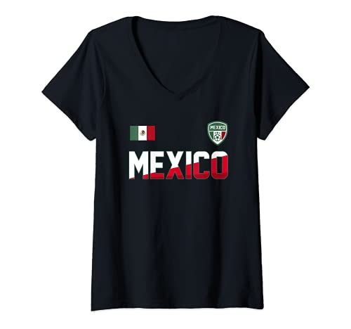 Womens Mexico Football Bold Text Flag Left Chest V-Neck T-Shirt, Black