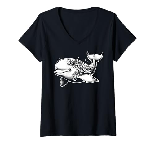 Femme Béluga Baleine Créature Mer Baleine Marine Cétologie Biologie T-Shirt avec Col en V