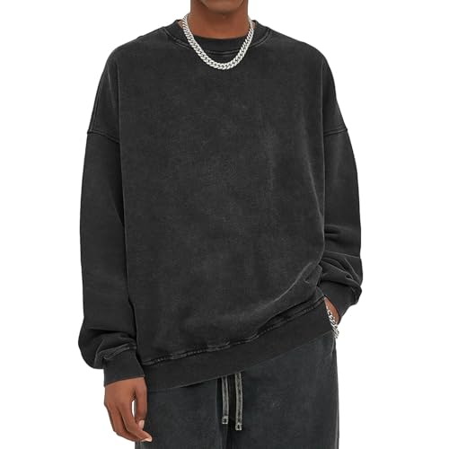 Oversized Vintage Crewneck Sweatshirt Men Acid Wash Cotton Baggy Trendy Streetwear Long Sleeve Shirts Pullover Tops