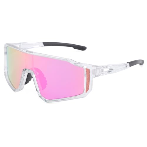 Long Keeper Gafas Ciclismo Mujer Hombre Gafas Bicicleta MTB Deportivas Ligeras Gafas de Sol Deportivas Protección UV400 para Pesca Running Senderismo (Montura Transparente - Lente Espejo Rosa)