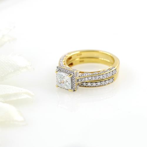 6MM Center Princess Cut Bridal Set Ring 2 Cttw Lab Created Moissanite Halo Engagement Wedding Ring For Women In 14K Gold Plated Sterling Silver (Clarity-VVS1)4