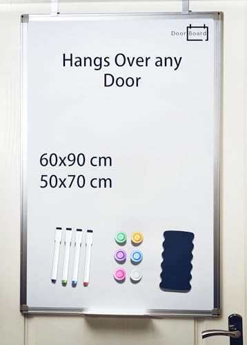 DoorBoard No-Drill Magnetic Whiteboard for Over-Door and Wall-Mount 60X90 CM Portable White Board with Aluminium Frame | Includes Marker Pens Magnets and Eraser