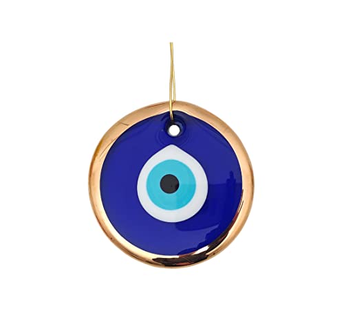 Erbulus 3.5" Glass Blue Evil Eye Wall Hanging Gold Ornament - Turkish Nazar Bead - Home Protection Charm - Gold Wall Decor Amulet in a Box (Medium)