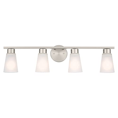 Image of Kichler Stamos 4-Light Bathroom Vanity Light Fixture with Satin Etched Glass Shades, 26 in Modern Wall Light in Brushed Nickel for Bathroom Mirror (26 in x 8 in x 5 in), 55122NI