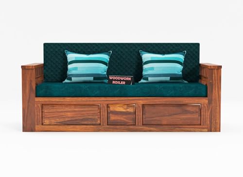 Image of Solid Sheesham Wooden Sofa Cums Bed with Mattresses for Living Room|Rosewood 3-Person Sofa Cums Bed for Bedroom Without Pillow (E-Natural Finish)