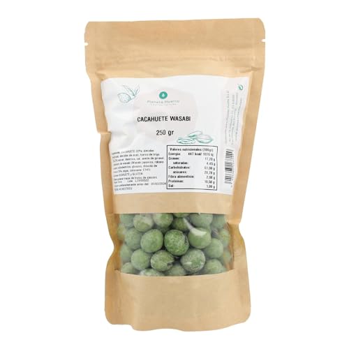 PLANETA HUERTO | Cacahuetes con wasabi 250 g - Cacahuete crujiente y picante, mezcla de frutos secos y especias orientales, ideal como aperitivo gourmet