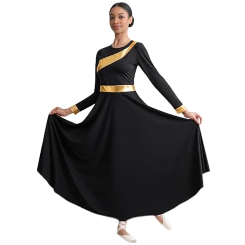 MOLLDAN Women Praise Dance Dress Long Sleeve Liturgical Church Worship Dress,Breathable Lined Black Small