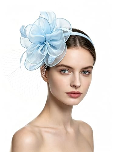 SAFERIN Fascinators Hat Sinamay Flower Mesh Feathers on a Headband and a Clip Tea Party Headwear for Girls and Women (TA2-Light Blue)