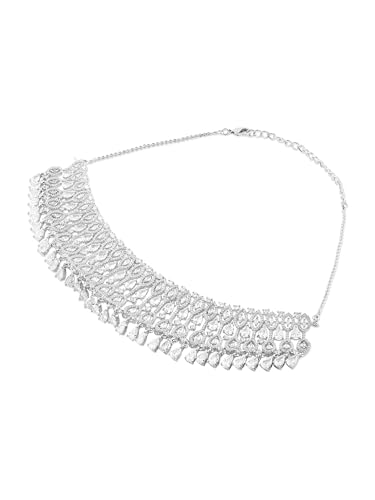 Image of ZAVERI PEARLS Silver Tone Dazzling Cubic Zirconia Brass Choker Necklace & Earring Set For Women-ZPFK17340