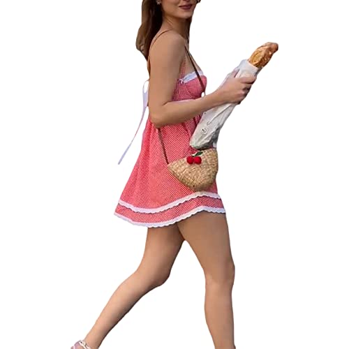 Image of Women's Summer Casual Mini Dress Plaid Lace Trim Sleeveless Dress Tie Up Backless Spaghetti Straps Sweety Dress (A-Red Plaid, L)