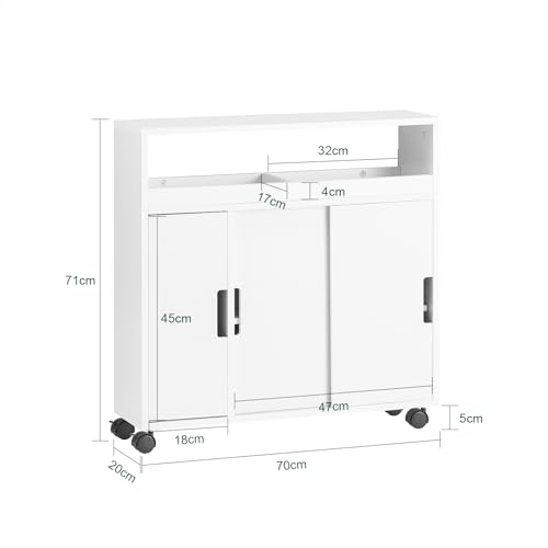 SoBuy Badezimmerschrank auf Rollen Schmaler Schrank mit 2 Schiebetüren & offener Ablage Badmöbel Kommode für Bad, WC, kleine Räume 70x71x20cm Weiß BZR02-W