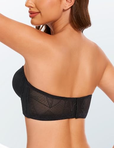 Longline Strapless Push Up Bras for Women Ultra Padded Uplift Multiway Lace Corset Bra with Underwire Support Black 32C