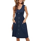 KAJXZ Women's Summer Dresses Casual Sleeveless V Neck Button Down Midi Dress Fashion Loose Swing Tank Dresses with Pockets Navy