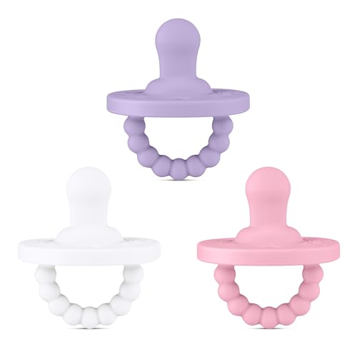 Ryan & Rose Cutie PAT All-in-One Pacifier and Teether Massaging Teething Ring and Hideaway Binky for Growing Babies (Bliss (3 Pack), Flat)