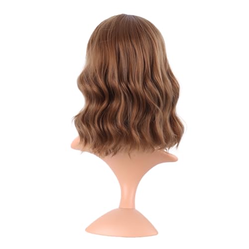 Image of MapofBeauty 14 Inch /35 cm Short Wavy Curly Women Fresh Bright Synthetic Ordinary Flat Bangs Bob Wig (Medium Brown)