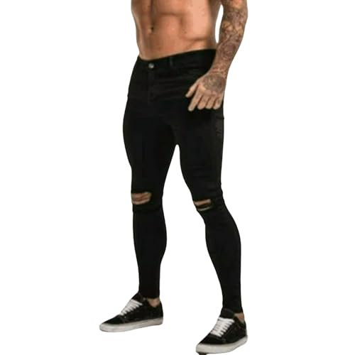 Jeans Pants Trousers Denim Men Stretch Slim Fit Street Trendy Punch Black and White Tight Casual Tapered Small Leg(Black,31)