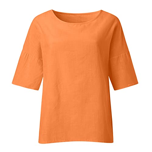 Tops de linho de algodão para mulheres manga 3/4 dente-de-leão estampa gráfica gola redonda blusa vi