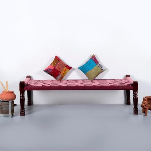 Image of Solid Sheesham Wood Charpai Khat | Handcrafted Daybed Khatiya Charpai with Cotton Rope | Traditional Khat Bed Wooden Diwan Cot for Living Room | 6X3 Feet | Red and Light Pink