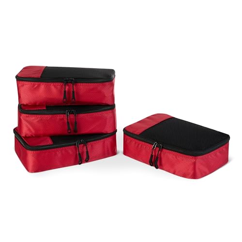 Image of Amazon Essentials 4-Piece Space-Saving Packing Cubes Travel Accessories Set, Luggage Organizer with Double Zipper, Mesh Top, Small, Red (Previously Amazon Basics)