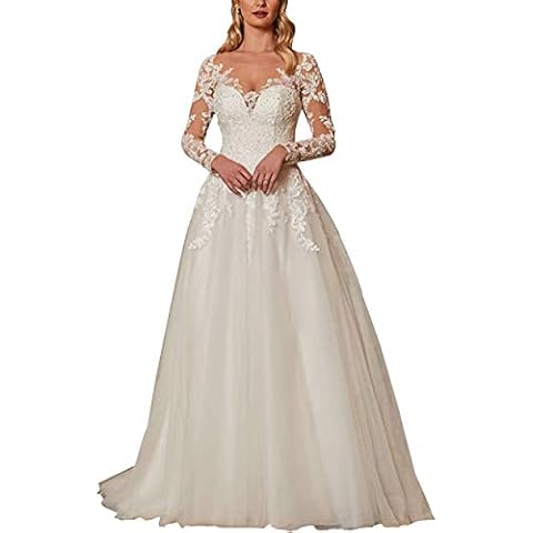HUINI Brautkleid Lang Prinzessin Spitze Vintage Langarm Hochzeitskleid Standesamt A-Linie V-Ausschnitt Hochzeit Ballkleid Abendkleid Rückenfrei B-Weiß 48 Cover
