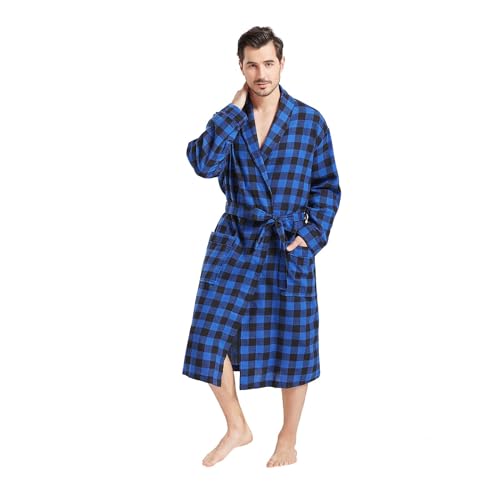 FashGudim Mens Buffalo Plaid Cotton Robe Lightweight Bathrobe Shawl Collar Kimono Sleepwear Loungewear House Robes
