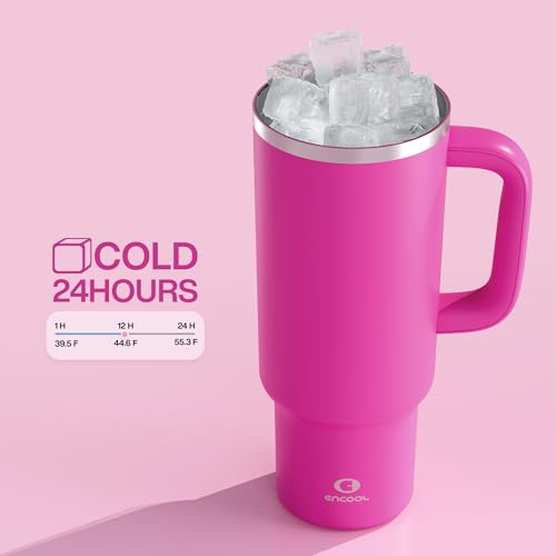Image of ENCOOL 40 oz Tumbler with Handle and Straw: Stainless Steel Insulated Tumbler Keeps Cold for 24 Hours, Leakproof Travel Cup Fits in Cup Holder and BPA-Free,Persian Rose