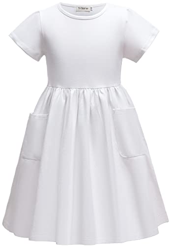 Girls Dresses Short Sleeve Solid Color Casual A-Line Pleated Dress with Pockets