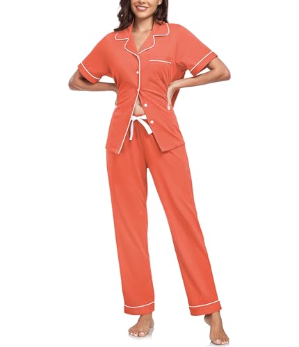 Image of CF Womens 100% Cotton Pajamas Set Button Down Pjs Sets Short Sleeve Top & Long Pants Sleepwear Comfy Loungewear with Pockets