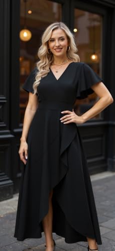 Image of BABYONLINE D.R.E.S.S. Formal Dresses for Women Cocktail Dress Split V Neck Wrap Ruffle Wedding Guest Dress 3089-XIN