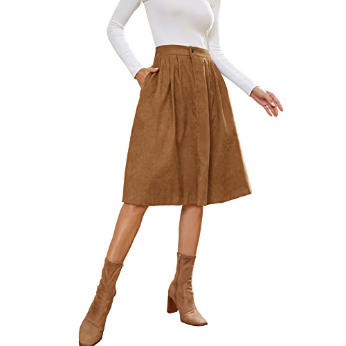 KANCY KOLE Women's Retro A Line Skirts High Waist Elastic Back Waistline Corduroy Skirts Midi Skirts Brown M