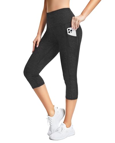 SIMIYA Womens Sports Leggings High Waist Cropped Leggings with Pockets 3/4 Length Capris Pants Sports Gym Workout Running Yoga Pants (Capris-Grey,M)