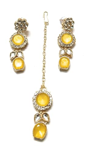 SHARVARI IMITATION JEWELLERY Lemon yellow kundan necklace set with studded earings and maangtika - Image 5