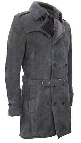 Men's German Military Double Breasted Real Sheepskin Suede Leather Pea Coat2