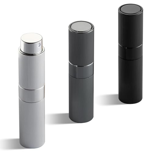 Image of Toureal 8 ml, 3 Pieces, Aluminium Perfume Atomiser, Refillable, Empty, Pinstripe Perfume Atomiser, Travel Atomiser Bottle for On the Go (Silver, Black, Deep Grey)