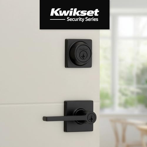 Image of Kwikset Casey Square Front Door Lock Handle and Deadbolt Set, Entry Exterior with Interior Reversible Lever, Matte Black, Project Pack, Pick Resistant SmartKey Rekey Deadbolt Security