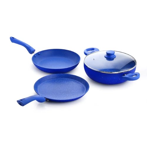 Crystal Marbo Plus Induction Bottom 4 Pc Nonstick cookware Set | Tawa 250 mm + Fry Pan 225 mm + Kadai 225 with Glass Lid | Thickness: 3mm | 5 Layer Coating | Metal Spoon Friendly | Blue
