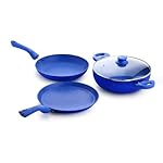 Crystal Marbo Plus Induction Bottom 4 Pc Nonstick cookware Set | Tawa 250 mm + Fry Pan 225 mm + Kadai 225 with Glass Lid | Thickness: 3mm | 5 Layer Coating | Metal Spoon Friendly | Blue