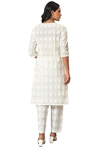 Image of W for Woman White Floral Print Cotton Co-Ord Kurta Set With Slim Pant For Women