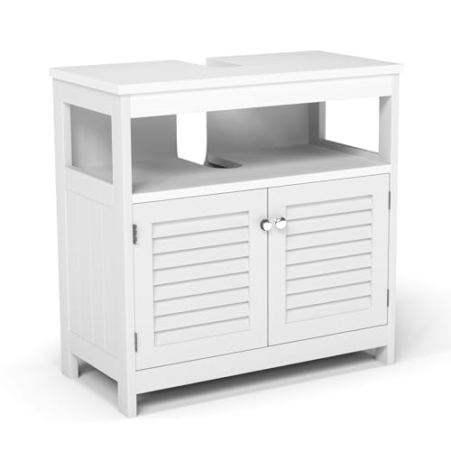 Qryselen Under Sink Storage Cabinet Bathroom Vanity with 2 Doors Open Shelf U Shaped Cut Out for Wall Mounted Sink Plumbing Toiletries Makeup Organization (White)