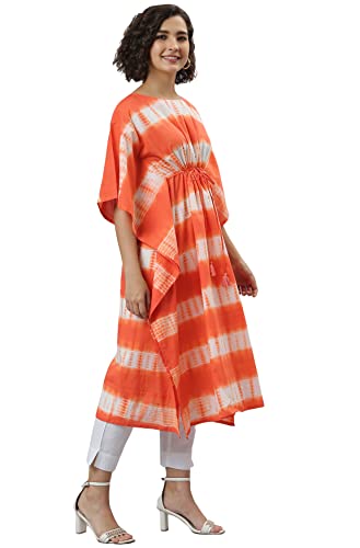 Image of Janasya Women's Orange Cotton Tie-Dye Kaftan Kurta