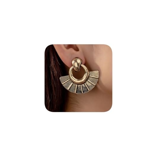 Vintage Style Fan Shaped Drop Earrings, Antique Gold, Textured Tribal