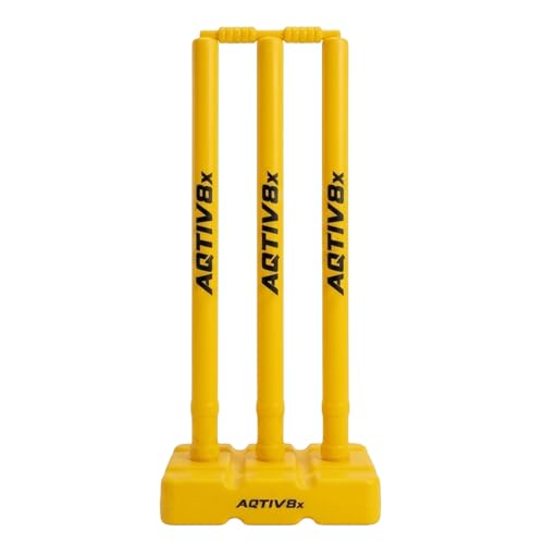 Image of Plastic Cricket Wicket Set Full Size with 1 Base, 2 Bails & 3 Wickets (Yellow)