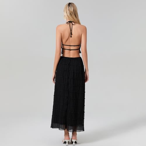 Image of Women Y2K Skirt Set Outfits Strapless Crop Top Bodycon Midi Skirt Dress Sexy 2 Piece Knit Outfits Skirt Summer