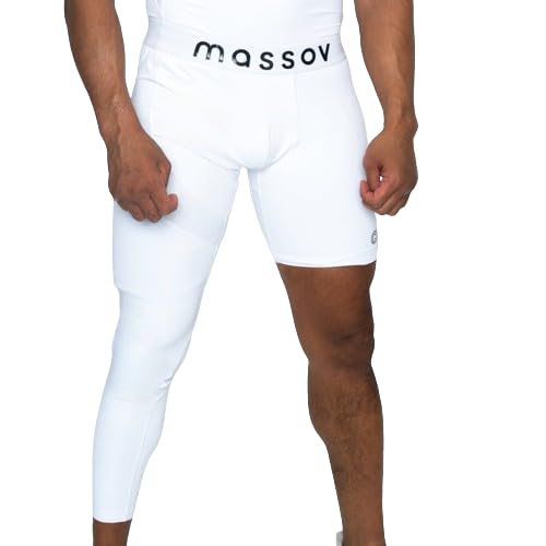 MASSOV Youth Boys ProForm Single Leg Athletic Tights- Hi-Performance, Comfortable, Breathable. (Pearl White, X-Small, Right Leg Long)