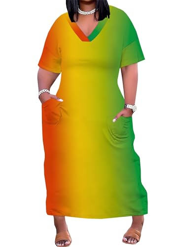 Image of SUZONANA Plus Size Maxi Dresses for Women Gradient Ombre Short Sleeve Oversized T-Shirt Casual Loose Summer Beach Resort Sundress