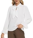 VIPONES White Blouse, Chiffon Long Blouses for Women Bow Tie Neck Office Work Blouse Tops, Fall Outfits for Women, 550-XL