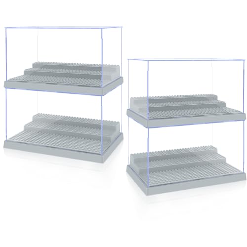 Image of 4 Pack Display Case for Minifigure Action Figures Blocks, Acrylic Minifigure Display Case Box Storage with 3 Movable Steps Gift for Kids Adults (Grey)